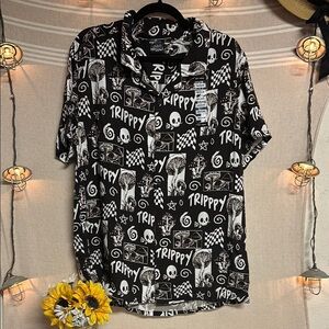 Black and White Casual Button Down Shirt with Gothic Print